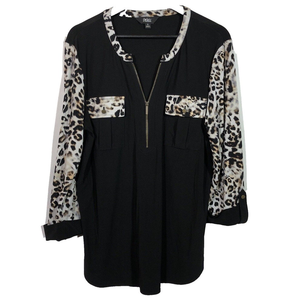 Black Tunic Top with Cheetah Print Sleeve Popover Zipper Accent M Retro Mob Wife